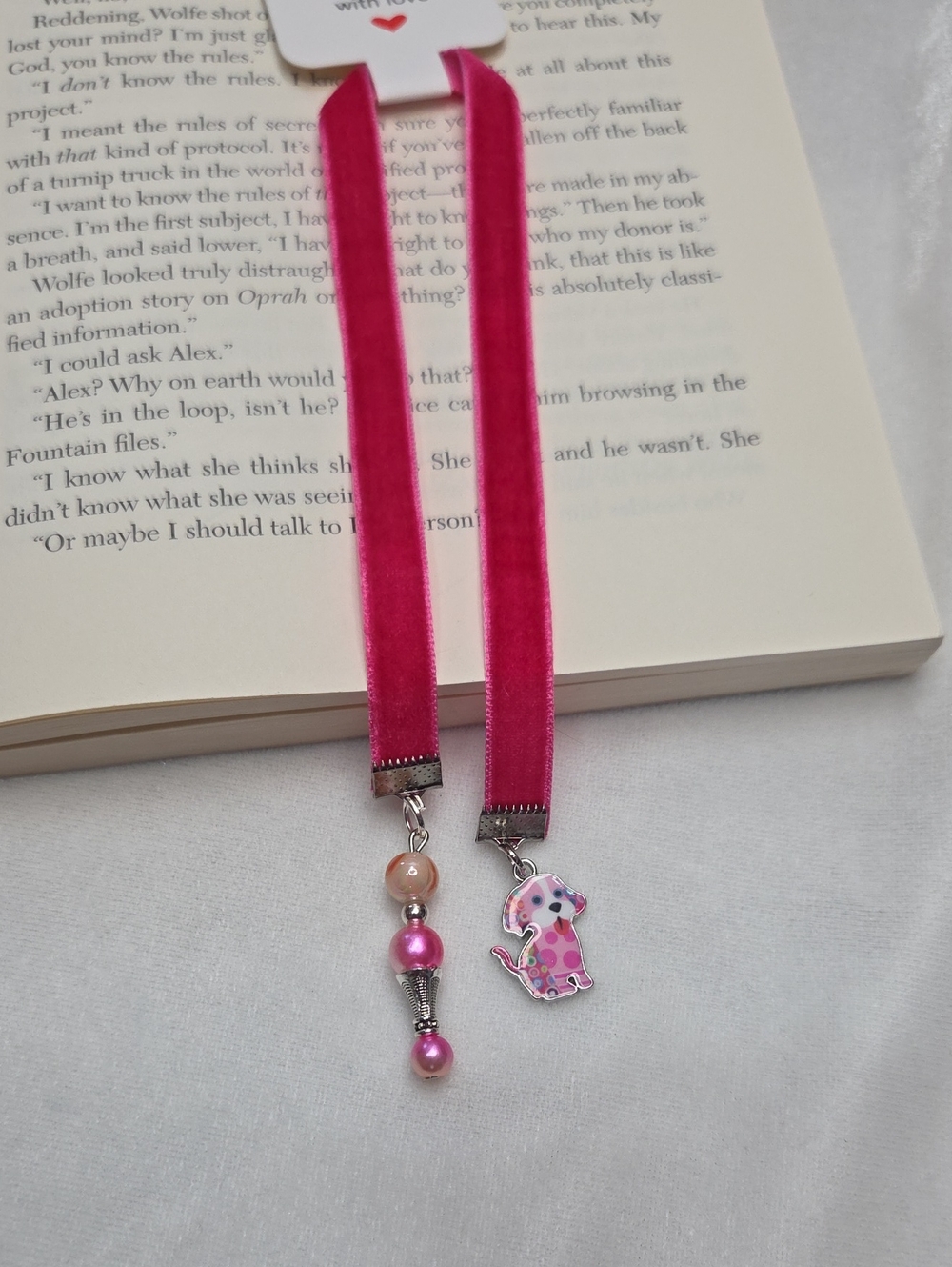 Handmade Pink Velvet Ribbon Beaded Bookmark Pink Dog Charm Book Mark Handcrafted